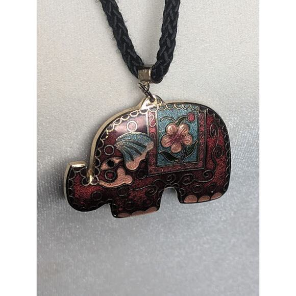 Vintage Cloisonné Elephant Pendant Necklace: Red, Teal & Pink BOHO Cottagecore - Picture 2 of 5